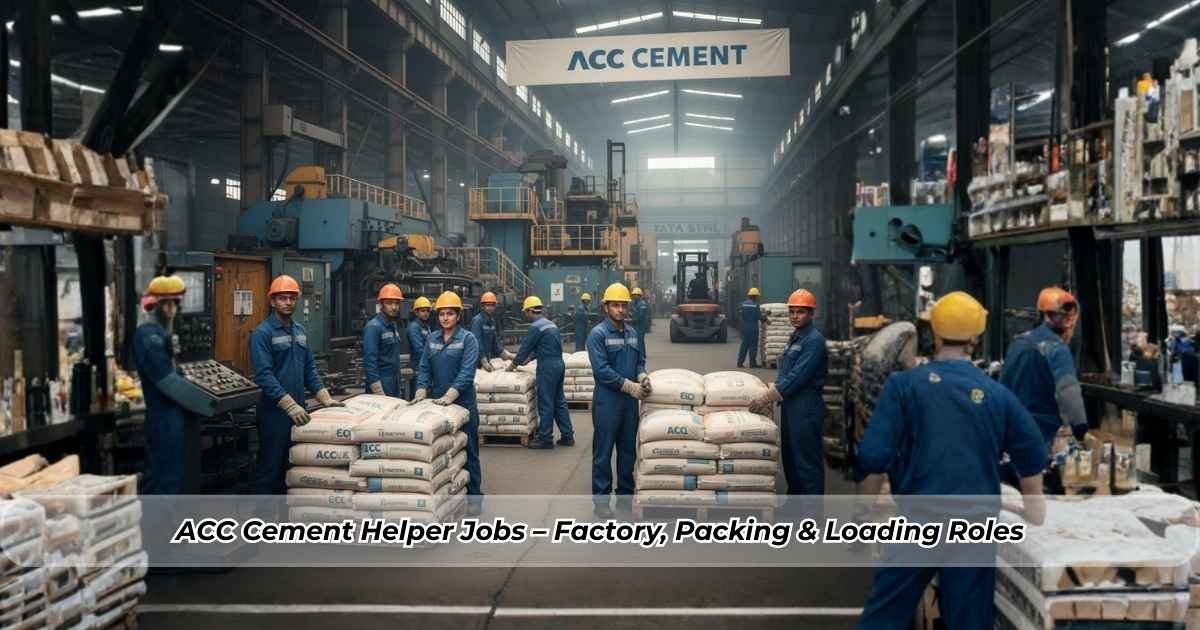 ACC Cement factory helper assisting in production, packing, and loading operations in an industrial cement manufacturing plant in India.