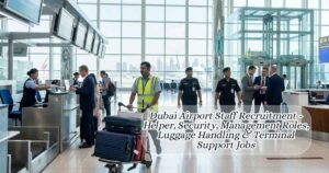 Dubai airport staff assisting passengers, handling luggage, providing security, and supporting terminal operations efficiently.