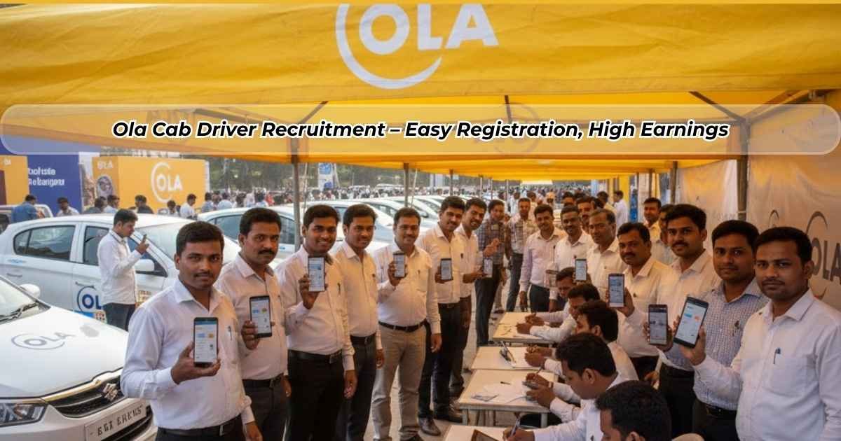 Ola cab driver accepting ride requests in India, earning high daily income with flexible working hours and vehicle options including bike, car, and electric vehicle.