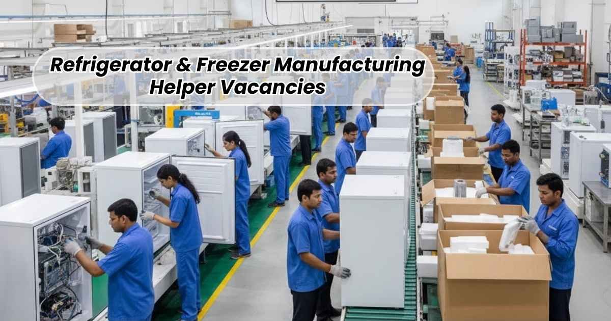 Refrigerator and freezer manufacturing helper working on assembly, packing, and material handling inside an Indian appliance factory.