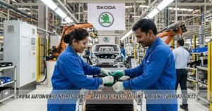 Skoda automobile manufacturing plant in India showing helpers assisting in parts fitting and plant support work on the assembly line.