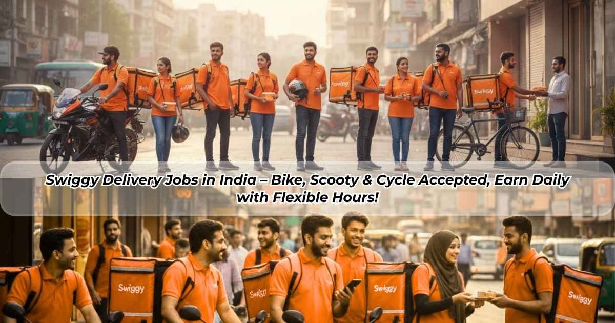 Swiggy delivery partner delivering food using bike, scooty, and cycle in India, showing flexible work hours and earning daily.